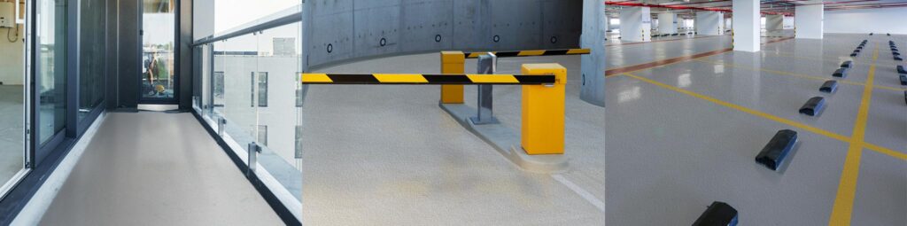 Elastolex Coating System hero image. Shown here are parking decks and a balcony. Elastolex protects these surfaces from UV light, chemicals and more. It's flexible and resists cracking.