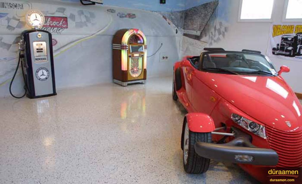 This classy garage has had the Endura Garage floor coating system installed professionally.