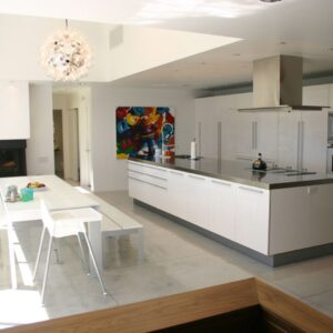 Another view of the residential kitchen and it's beautiful concrete overlay flooring in Hampton, NY.