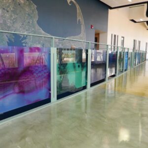 The colorful resurfaced concrete floor in this Southern Connecticut State University (SCSU) building was created with Duraamen products.