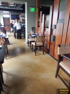 A freshly poured concrete in a famous restaurant called Blue Bell Inn in Blue Bell, PA was stained with Pellucid Dye and sealed with water based epoxy and two coats of water based polyurethane matte.
