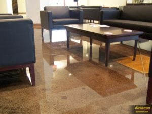This church foyer in Tulsa, OK utilizes beautiful stained concrete as its flooring. It is sealed with a polyurethane top coat.