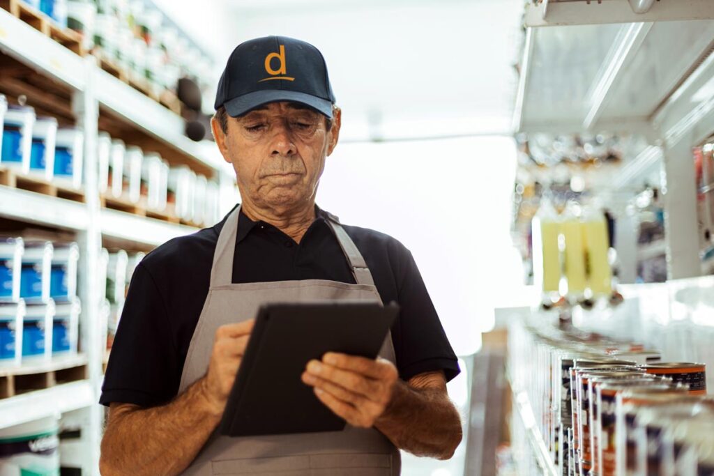Photo of a Duraamen Floor Coatings store owner taking inventory