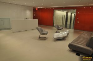 The modern concrete flooring at the offices of a New York City financial consulting firm,