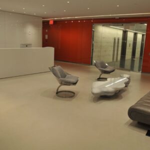 The modern concrete flooring at the offices of a New York City financial consulting firm,