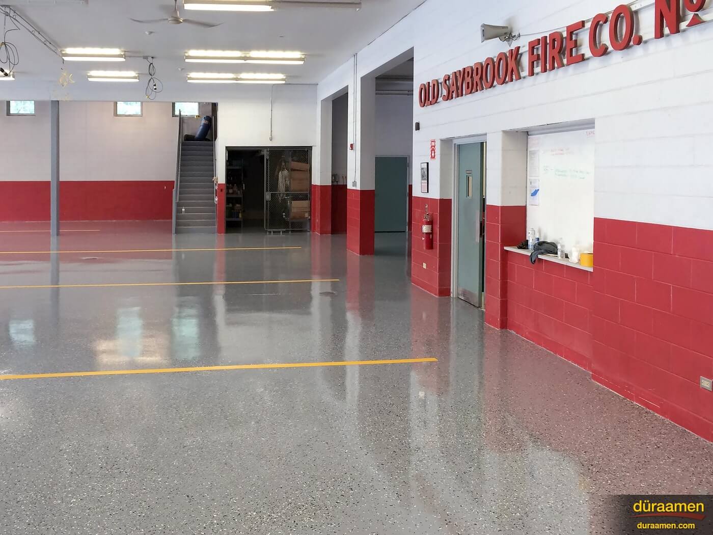 This Firehouse in Saybrook CT had Duraamens Kwortz flooring system installed The installation used a double broadcast of quartz granules Don Pinger of Custom Concrete Solutions recognizes the high quality and durability of Duraamen products which is why he chose Kwortz for the job Firehouse in Old Saybrook CT | Duraamen Engineered Products Inc