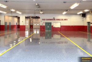 This Firehouse in Saybrook, CT had Duraamen's Kwortz flooring system installed. The installation used a double broadcast of quartz granules. Don Pinger of Custom Concrete Solutions recognizes the high quality and durability of Duraamen products, which is why he chose Kwortz for the job.