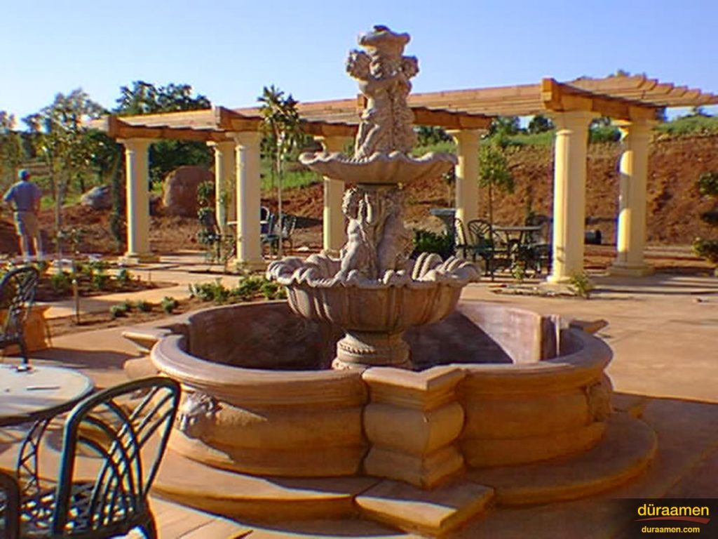 Exterior concrete fountain stained with water based stains