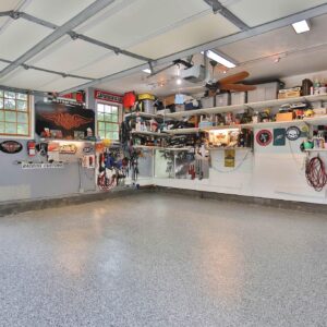 Man cave Garage floor with epoxy chip floor coating and non-slip surface.