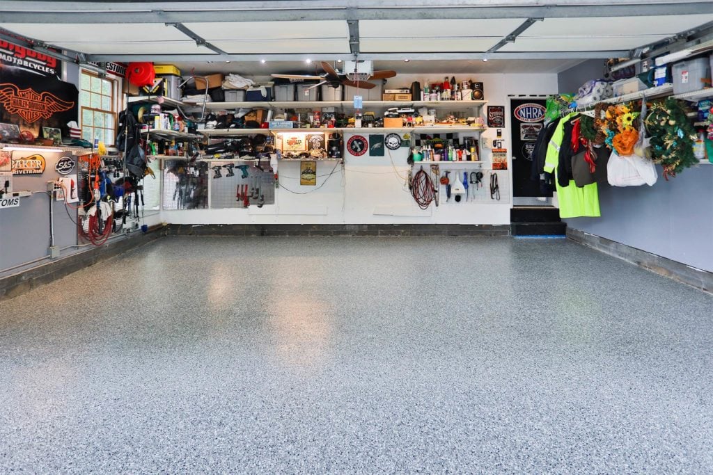 Man cave garage floor with epoxy chip floor coating and non-slip surface.