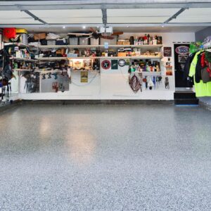 Man cave garage floor with epoxy chip floor coating and non-slip surface.
