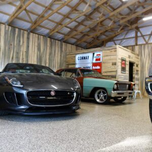 Garage floor with epoxy chip floor coating and non-slip surface.