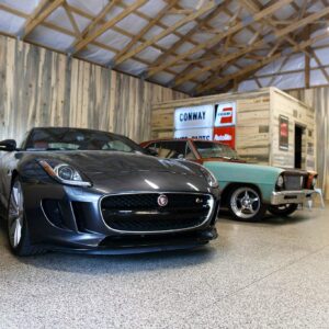 Garage floor with epoxy chip floor coating and non-slip surface.
