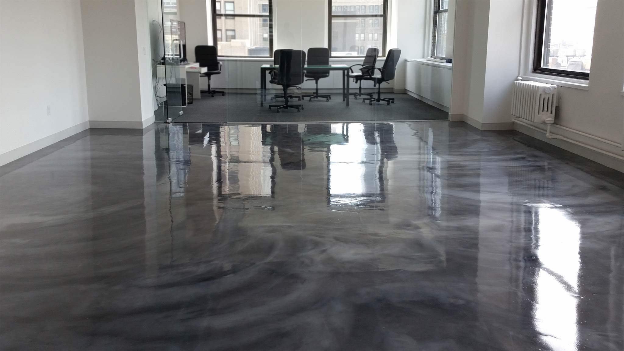 Metallic Epoxy flooring in an office. Lumiere by Duraamen