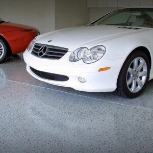 White garage floor with epoxy coating.