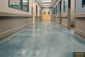 Metallic epoxy floors can be used in medical buildings as seen here.
