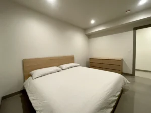 Minimalist bedroom with vaulted ceiling and Arapido microcement floor.